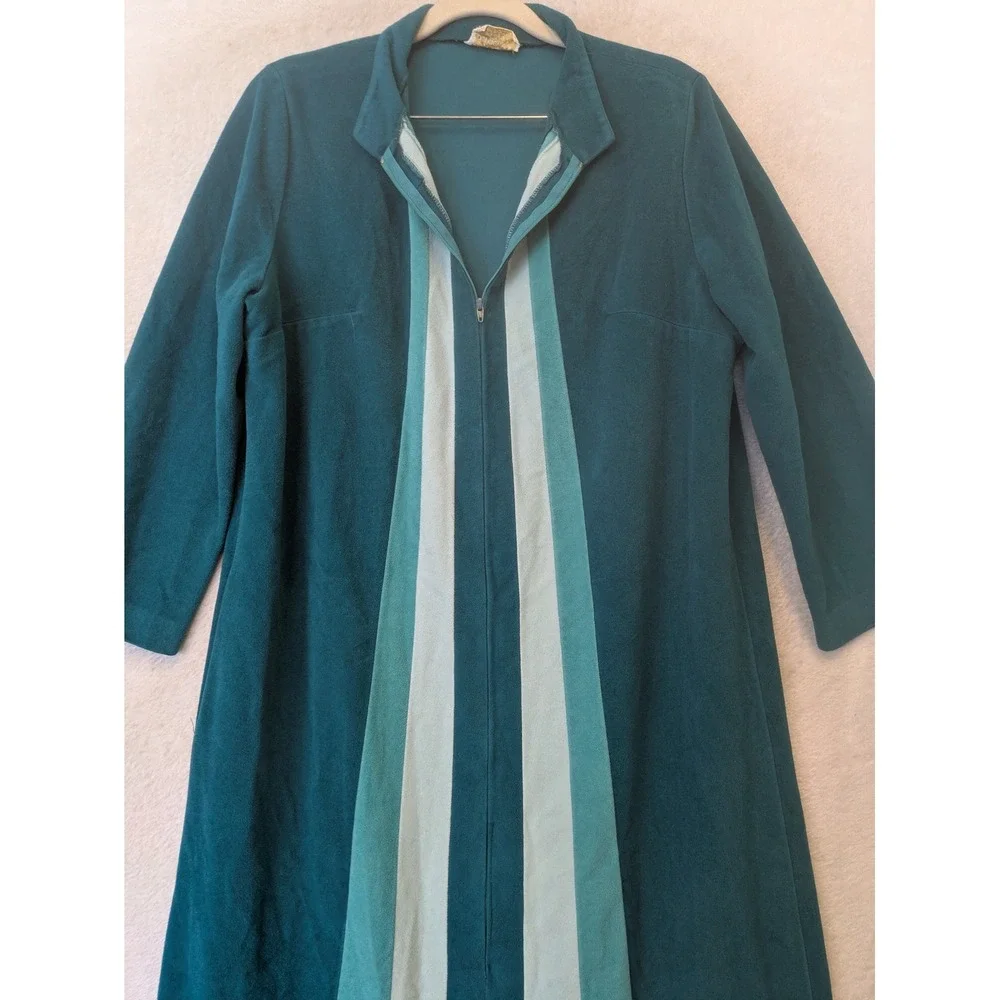 JCPenney Loungewear Maxi Robe Women's 12 Teal Blue Striped Vintage Zip Up 70s
